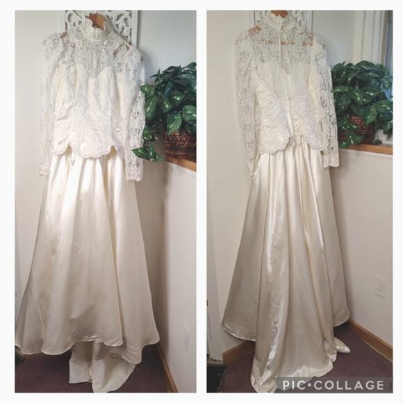Vintage Jessica McClintock Wedding Gown Lace Bodice Satin Skirt Size 8 - Picture 1 of 16